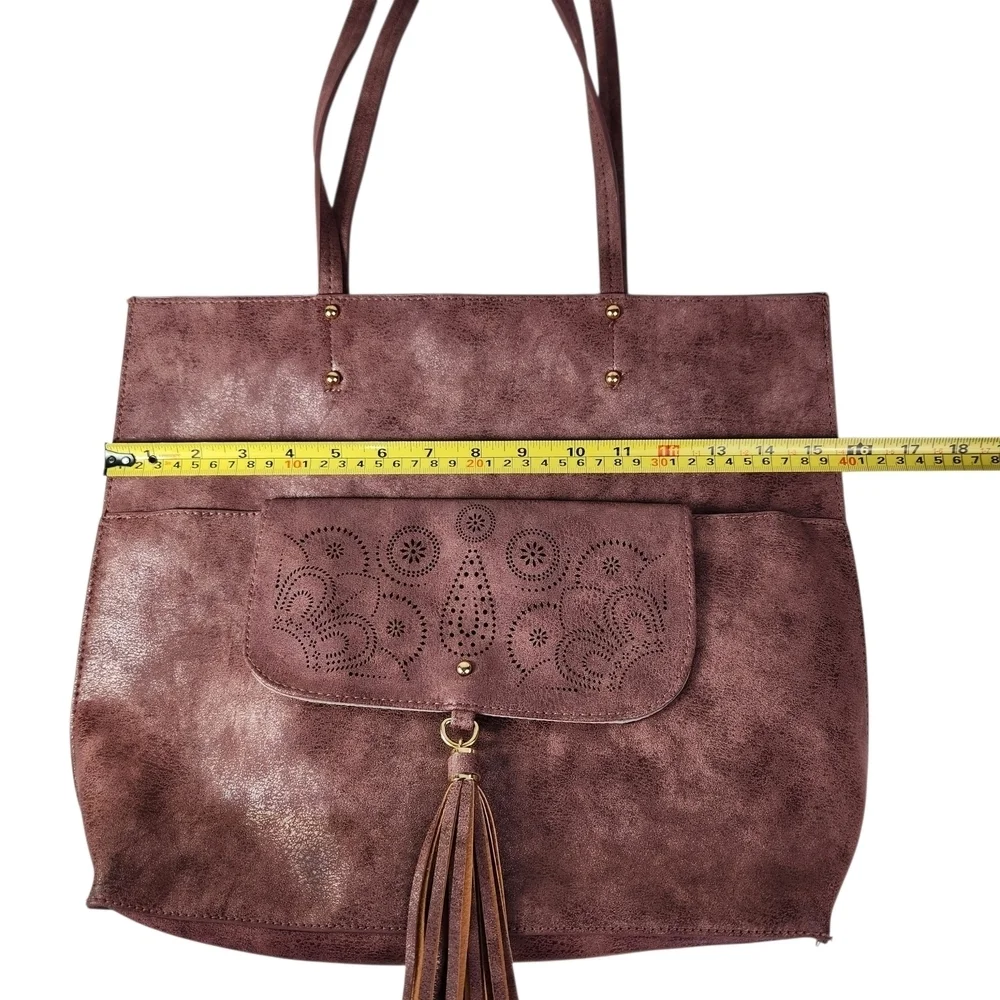 Vegan Leather Tote Bag With Tassel And Gold Trim Large Burgundy